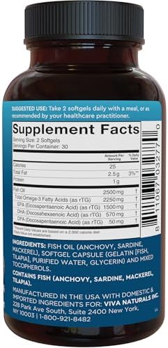 Viva Naturals Aceite de pescado, 180 cápsulas blandas, triple concentración, 2200 mg, vitaminas de origen sostenible y natural, ácidos grasos omega 3 incluyendo EPA y DHA, no provoca eructos
