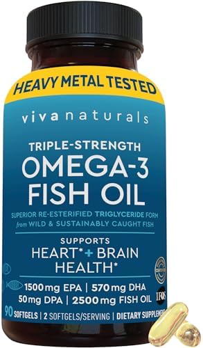 Viva Naturals Aceite de pescado, 180 cápsulas blandas, triple concentración, 2200 mg, vitaminas de origen sostenible y natural, ácidos grasos omega 3 incluyendo EPA y DHA, no provoca eructos