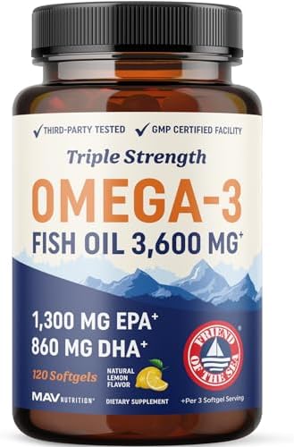 Triple Strength Omega 3 Fish Oil 3600 mg   EPA & DHA   Over 2100mg Omega 3 Fatty Acids   1300mg EPA   860mg DHA   Best Essential Fatty Acids   Premium Wild Caught & Burpless Fish Oil   120 Ct