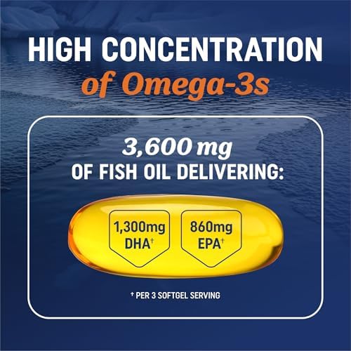 Triple Strength Omega 3 Fish Oil 3600 mg   EPA & DHA   Over 2100mg Omega 3 Fatty Acids   1300mg EPA   860mg DHA   Best Essential Fatty Acids   Premium Wild Caught & Burpless Fish Oil   120 Ct