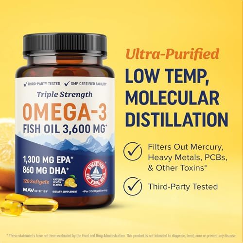 Triple Strength Omega 3 Fish Oil 3600 mg   EPA & DHA   Over 2100mg Omega 3 Fatty Acids   1300mg EPA   860mg DHA   Best Essential Fatty Acids   Premium Wild Caught & Burpless Fish Oil   120 Ct