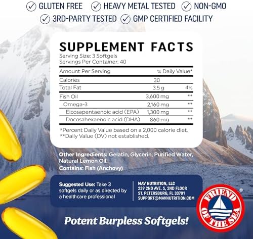Triple Strength Omega 3 Fish Oil 3600 mg   EPA & DHA   Over 2100mg Omega 3 Fatty Acids   1300mg EPA   860mg DHA   Best Essential Fatty Acids   Premium Wild Caught & Burpless Fish Oil   120 Ct