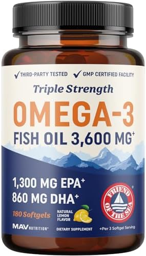 Triple Strength Omega 3 Fish Oil 3600 mg   EPA & DHA   Over 2100mg Omega 3 Fatty Acids   1300mg EPA   860mg DHA   Best Essential Fatty Acids   Premium Wild Caught & Burpless Fish Oil   120 Ct