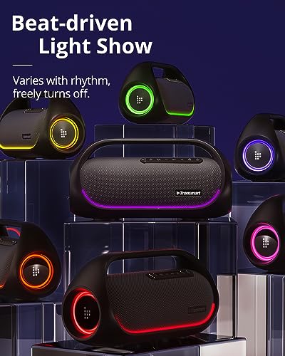 Tronsmart Upgraded Bang 60W Bluetooth Speakers with Subwoofer IPX6 Waterproof Loud Bluetooth Speaker with 7 Color Light 15H Playtime Custom EQ Portable Speaker with Handle for Outdoor Party