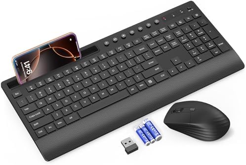 Trueque Wireless Keyboard and Mouse Combo   Full Size Quiet Keyboard with Palm Rest  Phone Holder  Multimedia Keys  Power Switch  Compatible with Windows  Chrome OS  PC  Laptop  Batteries Included 