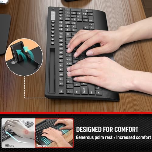Trueque Wireless Keyboard and Mouse Combo   Full Size Quiet Keyboard with Palm Rest  Phone Holder  Multimedia Keys  Power Switch  Compatible with Windows  Chrome OS  PC  Laptop  Batteries Included 