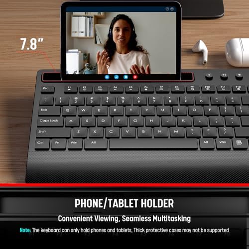 Trueque Wireless Keyboard and Mouse Combo   Full Size Quiet Keyboard with Palm Rest  Phone Holder  Multimedia Keys  Power Switch  Compatible with Windows  Chrome OS  PC  Laptop  Batteries Included 