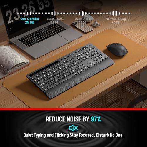 Trueque Wireless Keyboard and Mouse Combo   Full Size Quiet Keyboard with Palm Rest  Phone Holder  Multimedia Keys  Power Switch  Compatible with Windows  Chrome OS  PC  Laptop  Batteries Included 