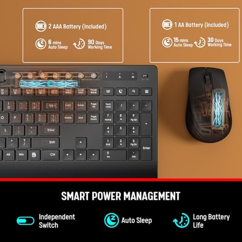 Trueque Wireless Keyboard and Mouse Combo   Full Size Quiet Keyboard with Palm Rest  Phone Holder  Multimedia Keys  Power Switch  Compatible with Windows  Chrome OS  PC  Laptop  Batteries Included 
