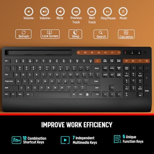 Trueque Wireless Keyboard and Mouse Combo   Full Size Quiet Keyboard with Palm Rest  Phone Holder  Multimedia Keys  Power Switch  Compatible with Windows  Chrome OS  PC  Laptop  Batteries Included 