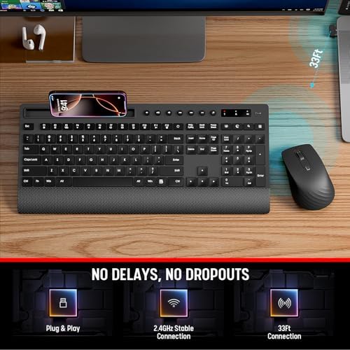 Trueque Wireless Keyboard and Mouse Combo   Full Size Quiet Keyboard with Palm Rest  Phone Holder  Multimedia Keys  Power Switch  Compatible with Windows  Chrome OS  PC  Laptop  Batteries Included 