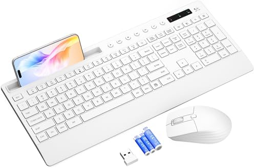 Trueque Wireless Keyboard and Mouse Combo   Full Size Quiet Keyboard with Palm Rest  Phone Holder  Multimedia Keys  Power Switch  Compatible with Windows  Chrome OS  PC  Laptop  Batteries Included 