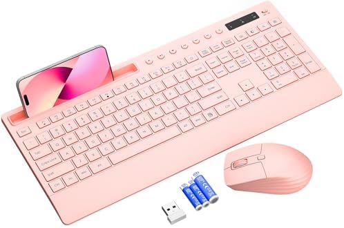 Trueque Wireless Keyboard and Mouse Combo   Full Size Quiet Keyboard with Palm Rest  Phone Holder  Multimedia Keys  Power Switch  Compatible with Windows  Chrome OS  PC  Laptop  Batteries Included 