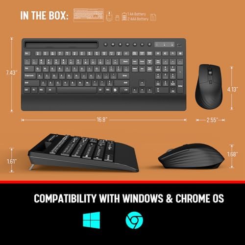 Trueque Wireless Keyboard and Mouse Combo   Full Size Quiet Keyboard with Palm Rest  Phone Holder  Multimedia Keys  Power Switch  Compatible with Windows  Chrome OS  PC  Laptop  Batteries Included 