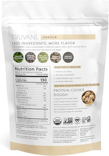 Truvani Plant Based Protein Powder   Vanilla   20g Organic Pea Protein   18 Servings   Vegan & Keto   Gluten & Dairy Free   Low Carb   No Added Sugar