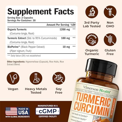 Turmeric Curcumin Supplement with Black Pepper Extract   High Potency Organic Turmeric 1200mg & 95  Curcuminoids for Joint & Digestive Health   Joint Support Supplement   60 Vegan Curcuma Capsules