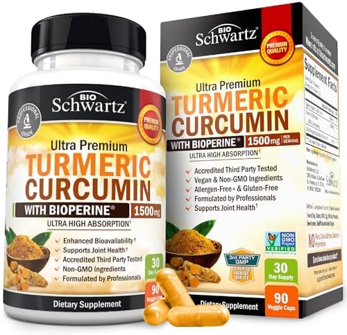 Curcumina de cúrcuma con BioPerine 1500 mg - Apoyo inflamatorio saludable y articular natural con 95% de curcuminoides estandarizados para potencia y absorción, cápsulas sin OMG, sin gluten con pimienta negra.