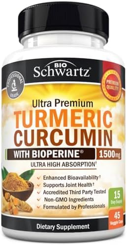 Curcumina de cúrcuma con BioPerine 1500 mg - Apoyo inflamatorio saludable y articular natural con 95% de curcuminoides estandarizados para potencia y absorción, cápsulas sin OMG, sin gluten con pimienta negra.