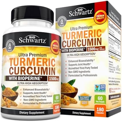 Curcumina de cúrcuma con BioPerine 1500 mg - Apoyo inflamatorio saludable y articular natural con 95% de curcuminoides estandarizados para potencia y absorción, cápsulas sin OMG, sin gluten con pimienta negra.