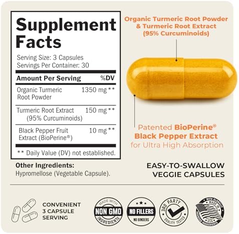 Curcumina de cúrcuma con BioPerine 1500 mg - Apoyo inflamatorio saludable y articular natural con 95% de curcuminoides estandarizados para potencia y absorción, cápsulas sin OMG, sin gluten con pimienta negra.