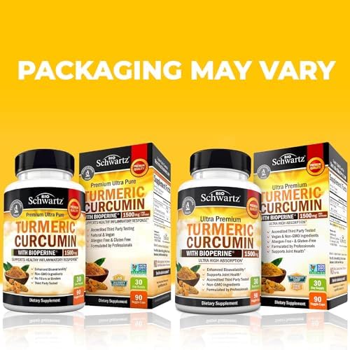 Curcumina de cúrcuma con BioPerine 1500 mg - Apoyo inflamatorio saludable y articular natural con 95% de curcuminoides estandarizados para potencia y absorción, cápsulas sin OMG, sin gluten con pimienta negra.