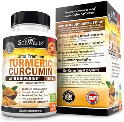 Curcumina de cúrcuma con BioPerine 1500 mg - Apoyo inflamatorio saludable y articular natural con 95% de curcuminoides estandarizados para potencia y absorción, cápsulas sin OMG, sin gluten con pimienta negra.
