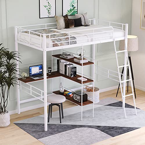 Twin Size Metal Loft Bed with Built in Desk & Shelves Bedroom Multifunction Bed Frame W/Full Length Guardrails & Ladder Easy Assembly for Kid Adult Boy Girl Teen White