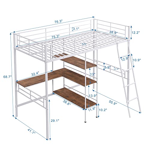 Twin Size Metal Loft Bed with Built in Desk & Shelves Bedroom Multifunction Bed Frame W/Full Length Guardrails & Ladder Easy Assembly for Kid Adult Boy Girl Teen White