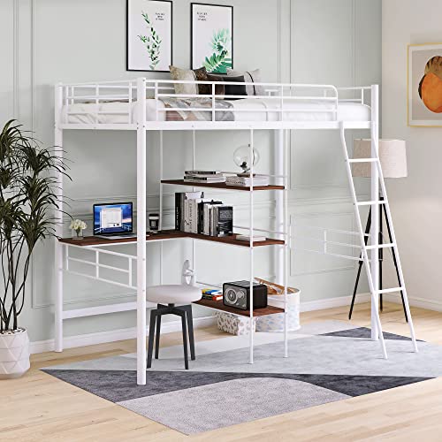 Twin Size Metal Loft Bed with Built in Desk & Shelves Bedroom Multifunction Bed Frame W/Full Length Guardrails & Ladder Easy Assembly for Kid Adult Boy Girl Teen White