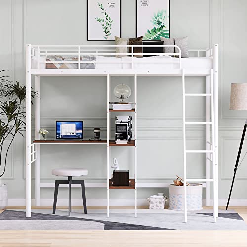 Twin Size Metal Loft Bed with Built in Desk & Shelves Bedroom Multifunction Bed Frame W/Full Length Guardrails & Ladder Easy Assembly for Kid Adult Boy Girl Teen White