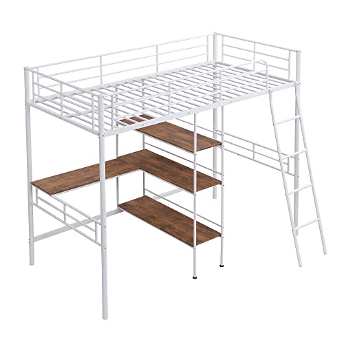 Twin Size Metal Loft Bed with Built in Desk & Shelves Bedroom Multifunction Bed Frame W/Full Length Guardrails & Ladder Easy Assembly for Kid Adult Boy Girl Teen White