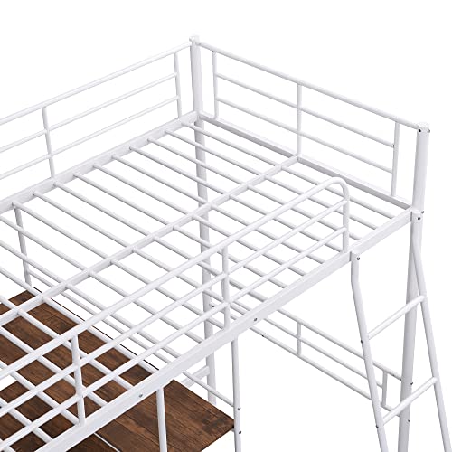 Twin Size Metal Loft Bed with Built in Desk & Shelves Bedroom Multifunction Bed Frame W/Full Length Guardrails & Ladder Easy Assembly for Kid Adult Boy Girl Teen White