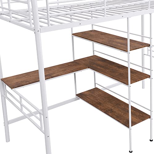 Twin Size Metal Loft Bed with Built in Desk & Shelves Bedroom Multifunction Bed Frame W/Full Length Guardrails & Ladder Easy Assembly for Kid Adult Boy Girl Teen White
