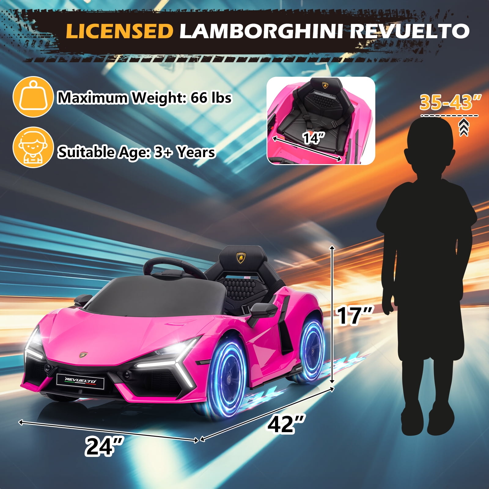 UBesGoo 12V Powered Ride on Car  Licensed Lamborghini Revuelto Electric Ride on Toys for Toddlers Kids  Remote Control  Pink