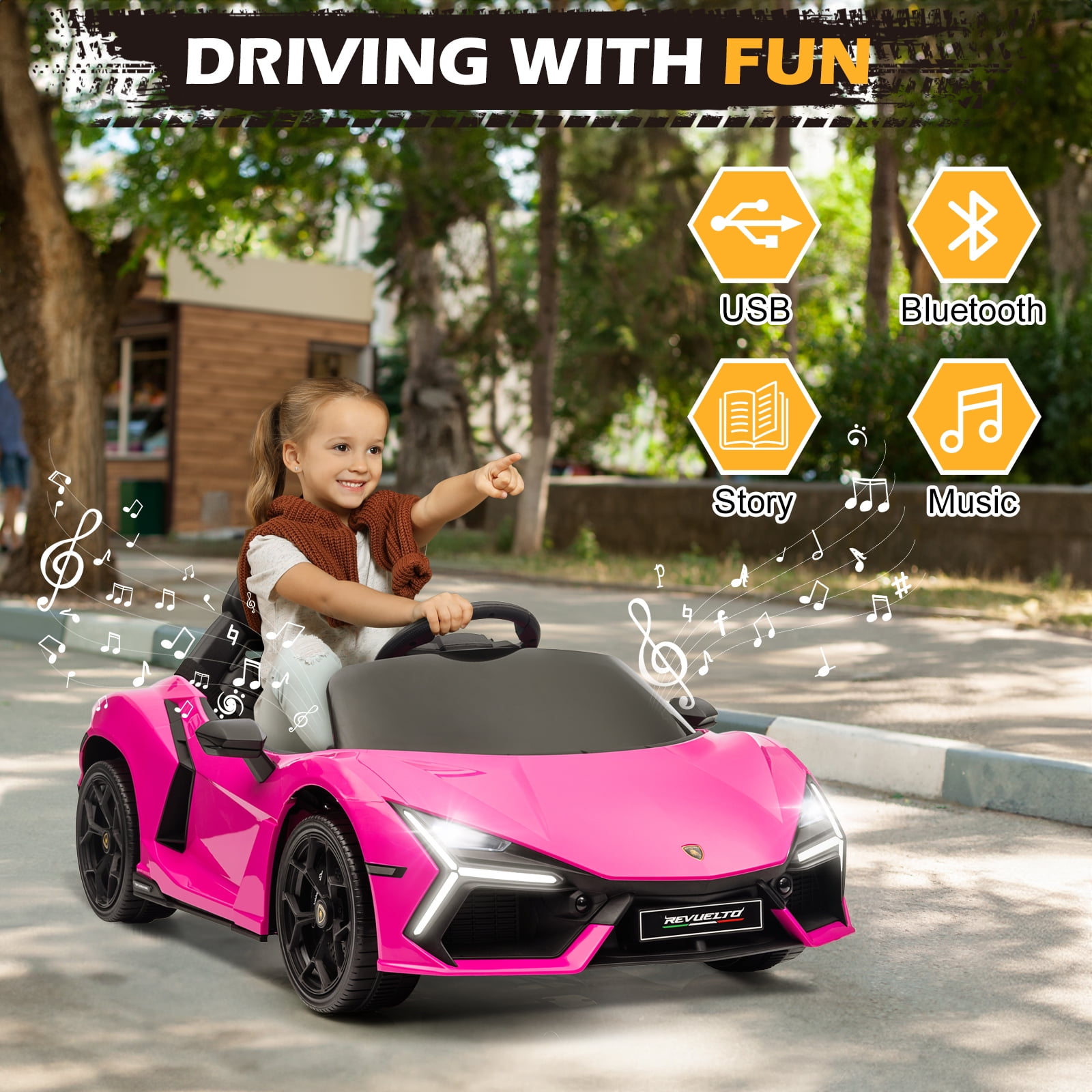 UBesGoo 12V Powered Ride on Car  Licensed Lamborghini Revuelto Electric Ride on Toys for Toddlers Kids  Remote Control  Pink
