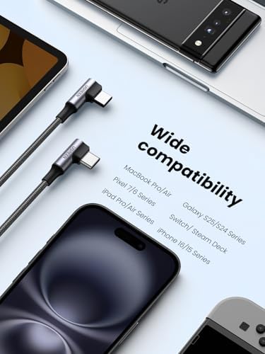 UGREEN 100W USB C to USB C Cable  90 Degree Type C Cable for iPhone 17/17 Air/17 Pro/17 Pro Max/16  MacBook Pro 2022  iPad Pro 2022  Samsung Galaxy S25/S24/Z Fold  Google Pixel  Switch 10FT