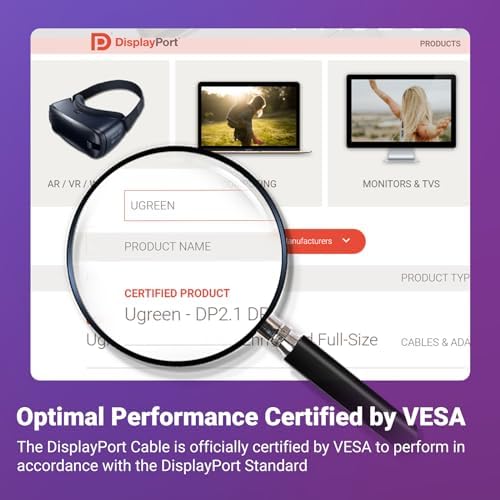 UGREEN 16K 6 6FT DisplayPort Cable 2 1  VESA Certified  DP 2 1 54Gbps Support 8K 240Hz 1080P 540Hz HDR  HDCP  DSC 1 2a  Braided Display Port Cable Cord Compatible FreeSync G Sync Video Card Monitor