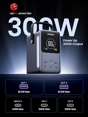 UGREEN 300W 48 000mAh Portable Charger Power Bank with Smart Digital Display  Lighting and SOS Mode  153Wh 5 Ports USB C Battery Pack for Outdoor Camping and Home Backup for Laptop and More