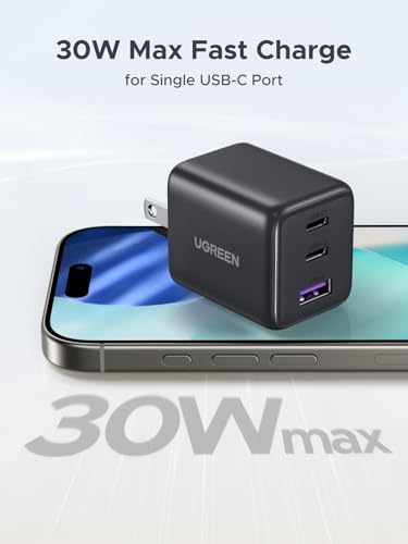 UGREEN 3 Port 30W USB C Charger  GaN II Compact iPhone Charger Fast Charging  Type C Power Adapter for iPhone 17/16/15 Series  Samsung Galaxy S25/24/23  iPad  Matt Black