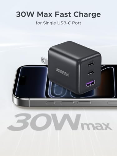 UGREEN 3 Port 30W USB C Charger  GaN II Compact iPhone Charger Fast Charging  Type C Power Adapter for iPhone 17/16/15 Series  Galaxy S26/S25/24  iPad  MacBook Neo/Air  Matt Black