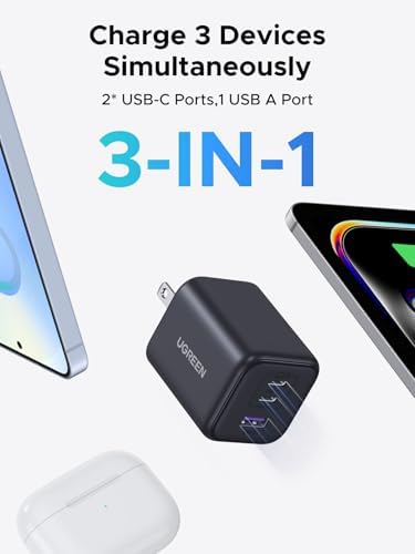 UGREEN Cargador USB C de 45 W para iPhone 17 (2025), (GaN II Tech) PPS 3 puertos súper rápido bloque de cargador para iPhone 17/16/15 Pro Max, Galaxy S25/S24 Ultra, Pixel, iPad, MacBook y más series, negro mate
