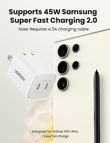 UGREEN 45W USB C Charger  Nexode 2 Port GaN Foldable PPS Wall Charger Block Support Samsung Super Fast Charging 2 0 for Galaxy S25/S24/Note 20  iPhone 16/15/14  iPad  MacBook  Steam Deck  White