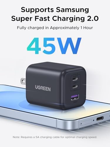 UGREEN 45W USB C GaN Charger for iPhone 17  PPS 3 Port Super Fast Charger Block for iPhone 17/16/15 Pro Max  Galaxy S25/S24 Ultra  Pixel  iPad  MacBook and More Series  Matte Black
