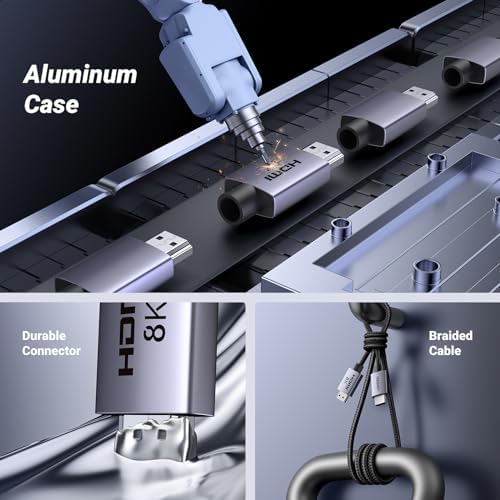 UGREEN 8K HDMI 2 1 Cable 48Gbps 6 6FT  Certified Ultra High Speed HDMI Cord Aluminum  4K 240Hz 120Hz 10K 8K 60Hz  HDCP 2 2&2 3  eARC HDR 10 Dolby Compatible with PS5/Blu ray/Roku TV/Switch 2/Mac mini