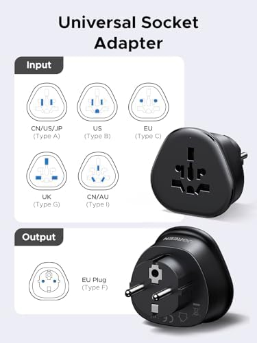 UGREEN European Plug Travel Adapter  US/UK/CA/MX/AU/JP/CN/NZ/PH to EU  Type F   International to EU Pin Converter  Power Outlet Charger  200  Countries Compatibility  1 Pack