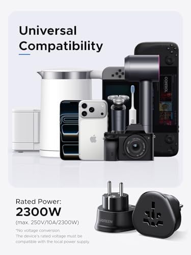UGREEN European Plug Travel Adapter  US/UK/CA/MX/AU/JP/CN/NZ/PH to EU  Type F   International to EU Pin Converter  Power Outlet Charger  200  Countries Compatibility  1 Pack