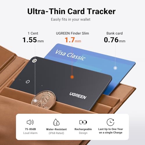 UGREEN FineTrack Slim Wallet Tracker Card  iOS Only   Bluetooth Tracker Card Finder 0 07in &IP68 Waterproof &One Charge Lasts A Year  Work with Apple Find My Rechargeable Tracker Apple MFi Certified
