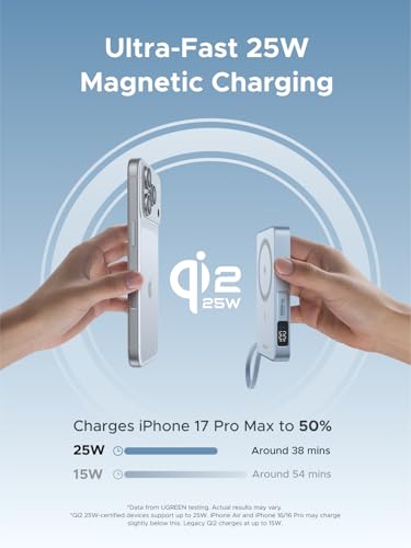 UGREEN MagFlow 10 000mAh Power Bank  Qi2 25W Certified Wireless Charging  Magnetic Portable Charger for MagSafe with Built in Cable  30W USB C Battery Pack for iPhone17 Pro Max/16/15/14/13/12