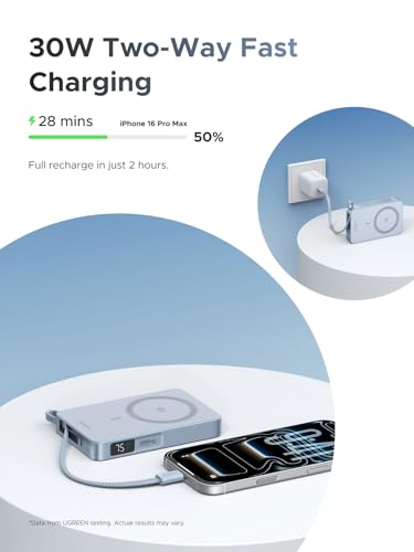 UGREEN MagFlow 10 000mAh Power Bank Qi2 25W Certified Wireless Charging Magnetic Portable Charger for MagSafe with Built in Cable 30W USB C Battery Pack for iPhone17 Pro Max/16/15/14/13/12