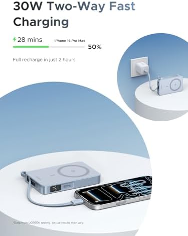 UGREEN MagFlow 10 000mAh Power Bank  Qi2 25W Certified Wireless Charging  Magnetic Portable Charger for MagSafe with Built in Cable  30W USB C Battery Pack for iPhone 17 Pro Max/16/15/14/13/12